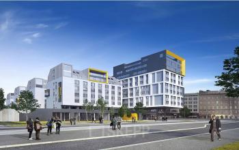 Modern office space rental at Nordbahnstraße 47, 1020 Vienna Leopoldstadt, with bustling pedestrians outside.