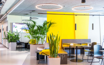 Moderne büroraum mieten in Lassallestraße 7b, 1020 Wien Leopoldstadt, mit gelben Akzenten und ansprechender Beleuchtung.