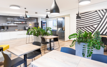 Modern eingerichteter Büroraum mieten in 1020 Wien Leopoldstadt, Aspernbrückengasse 2, mit Pflanzen und stilvollen Möbeln.