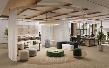 Modernes Büro in der Obere Donaustraße 23-29, 1020 Wien mit eleganten Möbeln und mehreren Arbeitsbereichen, ideal, um eine Bürofläche zu mieten.