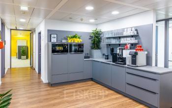 Moderner Büroraum mit stilvoller Küche und Pflanzen in der Schönbrunner Straße 230, 1120 Wien. Perfekt für alle, die ein Büro mieten oder eine Bürofläche mieten möchten.