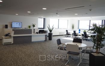 Modern office space rental at Handelskai 94-96, 1200 Vienna Brigittenau with a stylish reception and organized workstations.