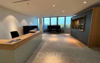 Modern office space rental at Wagramer Straße 19 in 1220 Vienna Donaustadt, featuring a reception area with comfortable seating and ample natural light.