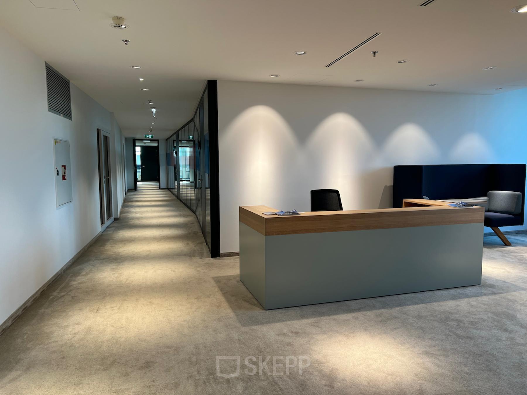 Well-lit office space rental with a modern reception desk at Wagramer Straße 19, in 1220 Vienna Donaustadt.