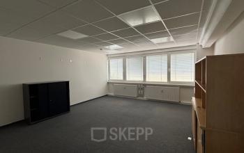 Büroraum mieten in der Eitnergasse 13, 1230 Wien (Liesing). Heller, großzügiger leerer Raum mit Teppichboden und großen Fenstern.