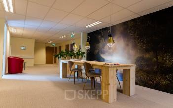 Modern office space at Hollandse Kade 38, Abcoude, featuring a long wooden table with chairs, accent lighting, and nature-themed wall art. Ideal for office space rental.
