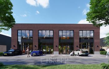 Exterior view of the modern office building at Spaceshuttle 18C, Amersfoort Calveen, featuring large glass windows and parking in front. Ideal for an office space rental with convenient access.