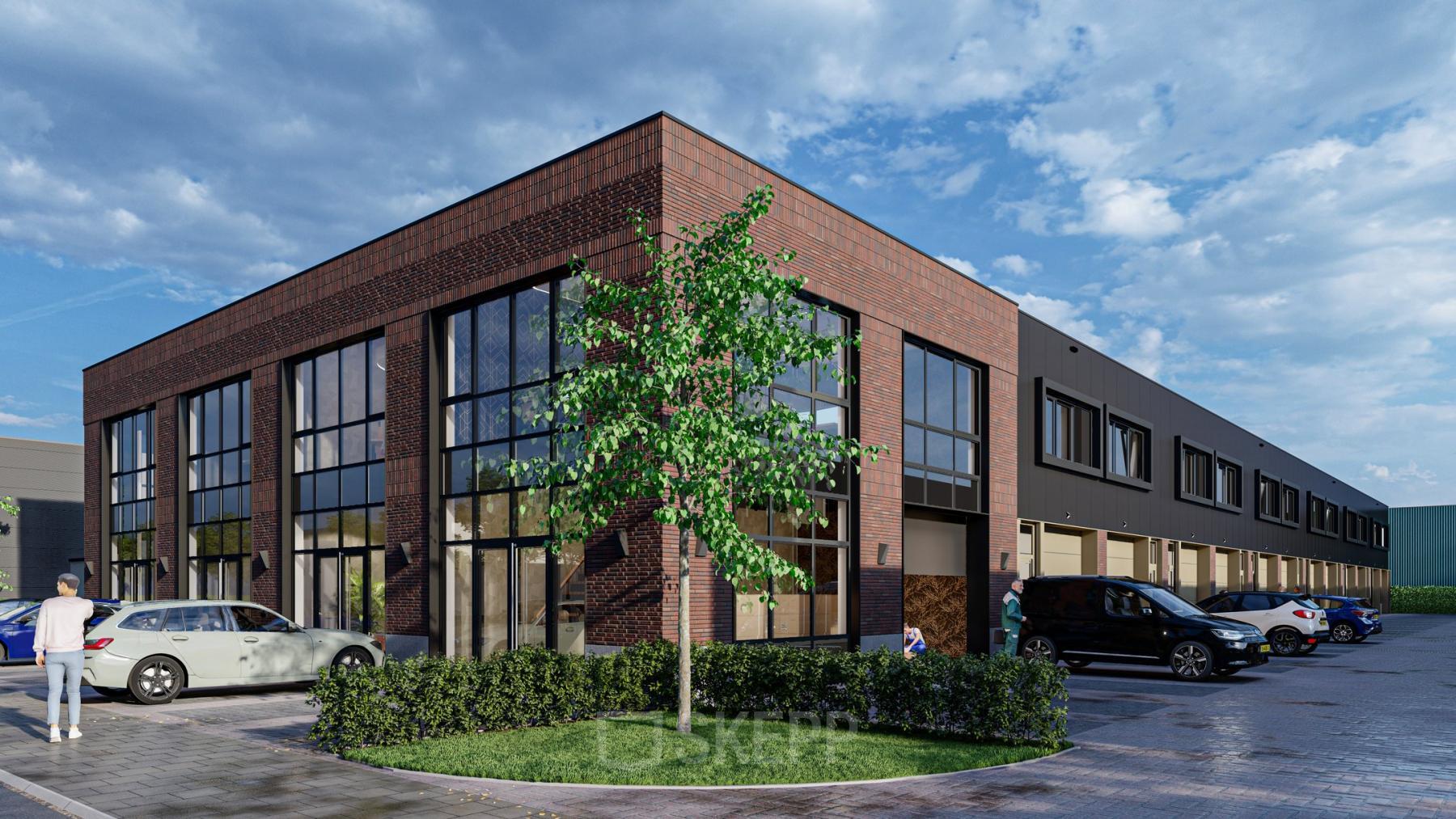 Exterior view of office building at Spaceshuttle 18C, Amersfoort Calveen, featuring modern brick facade and large windows ideal for office space rental. The parking lot includes several cars and a tree.