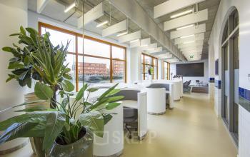 Spacious and well-lit office to rent at Piet Mondriaanplein 13-31, Amersfoort Centraal Station, with modern furniture and green plants.