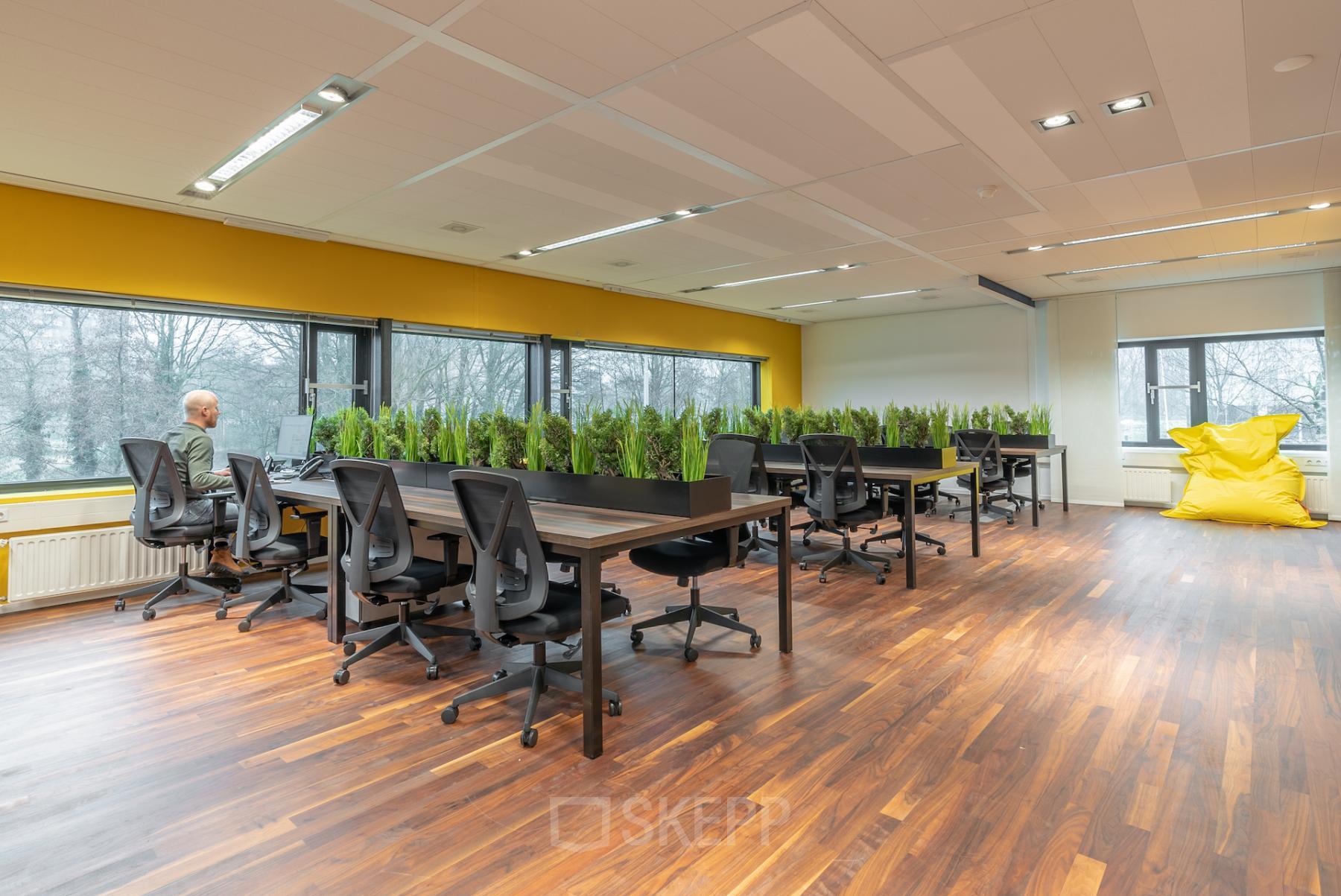 Spacious office with wooden flooring, several desks and chairs, plants along the windows at Prof. W.H. Keesomlaan 12, Amstelveen. One individual working at a desk.