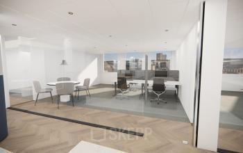 Modern office space rental in Amstelveen at Professor E.M. Meijerslaan 1, featuring a bright open floorplan with workstations and a small meeting area, defined by sleek glass partitions and contemporary design.