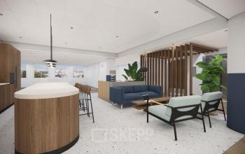 Modern office space available for rent at Professor E.M. Meijerslaan 1, Amstelveen. Features open floor plan with stylish furnishings, including comfortable seating and contemporary lighting.