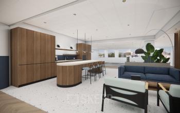 Bright and modern open-floor plan with sleek furnishings at Professor E.M. Meijerslaan 1, perfect for office space rental. Features a cozy lounge area with contemporary furniture and ample natural light.