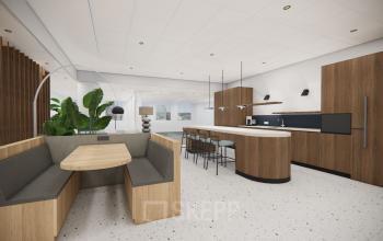 Spacious, modern office interior with sleek wooden fixtures, seating area, and a counter with stools. Ideal office space rental for professionals in Amstelveen, facilitating collaborative work in a stylish environment.
