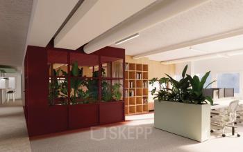 Bright office space for rent at Stroombaan 4 in Amstelveen, featuring modern furnishings, large windows, and indoor plants.