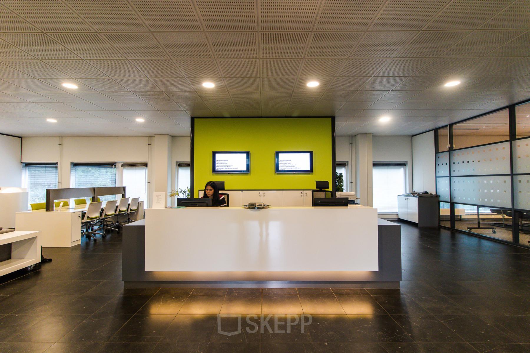 Modern reception area at Joop Geesinkweg 901-999, office space rental in Amsterdam Amstel Business Park, with a welcoming desk and employee.