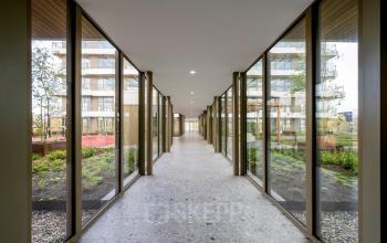Glass corridor leading to modern office spaces at Willem Fenengastraat 16, Amsterdam Amstel, suitable for office space rental, offering a sleek and professional environment with outdoor garden views.