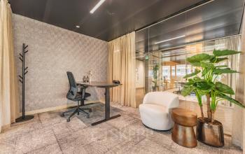 Modern furnished office space for rent in Amsterdam Buitenveldert, featuring a stylish desk, comfortable chair, and decor plants at Walborg 2A.