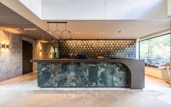 Modern reception area at Zwaansvliet 1, Amsterdam Buitenveldert, ideal for office space rental with stylish decor and ample lighting.