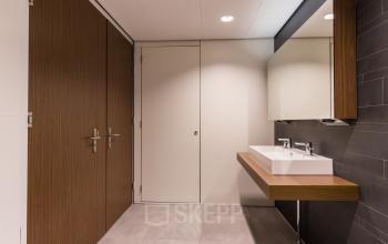 Modern interior with sleek double sinks and wood accents at Buitenveldertselaan 102-120, ideal for those seeking office space rental in Amsterdam Buitenveldert.