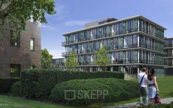 Modern office building with large windows located at De Cuserstraat 91, Amsterdam Buitenveldert. The contemporary design offers a professional environment suitable for office space rental.