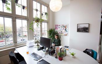 Bright office space at Schippersgracht 1-3 in Amsterdam Center with large windows, hanging plants, and a person working at a desk.