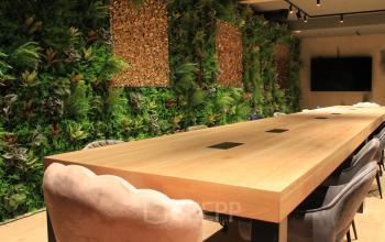 Modern conference room for rent at Hekelveld 8-10, Amsterdam Center, featuring a long wooden table with plush chairs and a living wall of greenery, ideal for creative meetings.