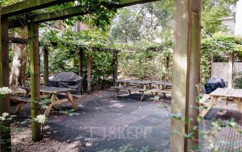 Outdoor area with wooden benches and tables surrounded by greenery, perfect for breaks at the Westeinde 14-16 office space rental in Amsterdam Center.