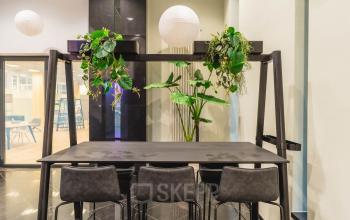 Modern Amsterdam Center office featuring a stylish black table surrounded by black chairs, accented by lush green plants. Ideal for a refreshing office space rental.