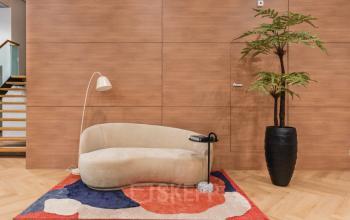 Modern lounge area with beige sofa, floor lamp, and potted plant on a colorful rug, ideal for office space rental at Weesperstraat 107-121, Amsterdam Center.
