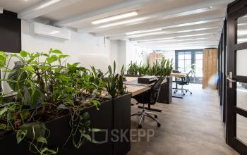 Bright and modern office space rental at Rokin 46-1, Amsterdam Center, featuring a sleek open-floor plan with large tables and abundant greenery for a refreshing work environment.