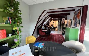 Spacious office for rent in Nieuwezijds Voorburgwal 340, Amsterdam Center features a cozy setup with vibrant furniture, decorative plants, and bookshelves, creating an inviting atmosphere ideal for creative work.