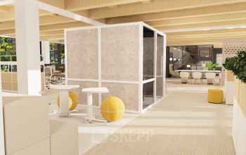 Modern office interior at Pieter Cornelisz. Hooftstraat 7, Amsterdam Center, featuring open-plan workspaces with bright furniture and natural light, ideal for office space rental.