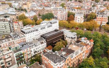 Aerial view of Pieter Cornelisz. Hooftstraat 7, Amsterdam Center, ideal for office space rental with charming Amsterdam architecture and tree-lined streets.