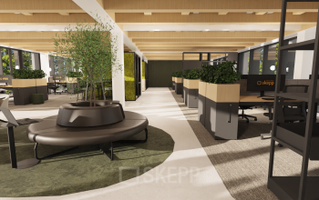 Spacious office interior with modern furnishings in Amsterdam Center, featuring stylish seating and ample desk spaces for rent. Ideal for those seeking an open office space rental.