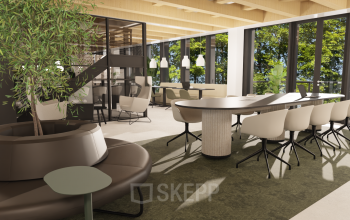 Bright office to rent at Pieter Cornelisz. Hooftstraat 7, Amsterdam Center, featuring modern furnishings, large windows, and open workspaces ideal for office space rental.