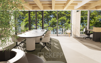 Bright office space at Pieter Cornelisz. Hooftstraat 7, Amsterdam Center, featuring modern furnishings and large windows with greenery views, ideal for office space rental.