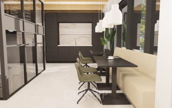 Modern office space rental at Pieter Cornelisz. Hooftstraat 7, Amsterdam Center, featuring sleek black tables, green chairs, and pendant lighting, perfect for businesses seeking office space to rent.