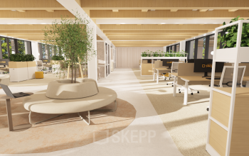 Bright and spacious office space rental with modern furnishings, greenery, and ample seating at Pieter Cornelisz. Hooftstraat 7, Amsterdam Center, ideal for businesses looking for an inviting office to rent.