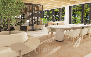 Bright, open office space rental at Pieter Cornelisz. Hooftstraat 7, Amsterdam Center, featuring modern furnishings and large windows.