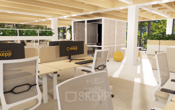 Modern office space with furnished workstations, featuring desks, chairs, and computer screens, available for rent at Pieter Cornelisz. Hooftstraat 7, Amsterdam Center.