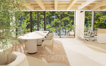 Bright and modern office space in Amsterdam Center with large windows, elegant furniture, and lush greenery views, ideal for rent office space or office space rental opportunities.