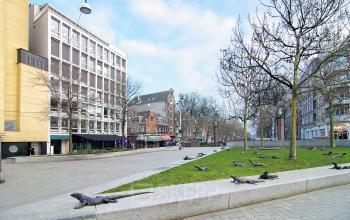 Exterior view of office space available for rent at Kleine Gartmanplantsoen 21, Amsterdam Center, showing the surrounding area with buildings and trees on a clear day.