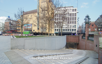 Entrance to underground bike parking near office space rental at Kleine Gartmanplantsoen 21, Amsterdam Center.