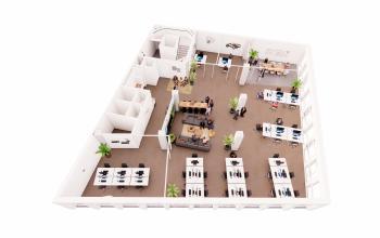 Interior office to rent in Amsterdam Center at Kleine Gartmanplantsoen 21 with multiple workstations and people collaborating around a central table. Spacious, modern office space rental with ample seating and natural light.