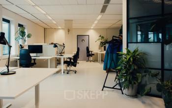 Modern office space available for rent at IJsbaanpad 2, Amsterdam De Schinkel, featuring a well-lit, furnished interior with desks, chairs, and plants, perfect for productive work sessions.