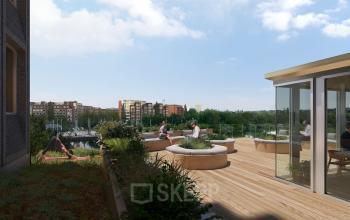 Outdoor office space with wooden terrace, modern seating, people working and relaxing at Rijnsburgstraat 9-11, Amsterdam De Schinkel.