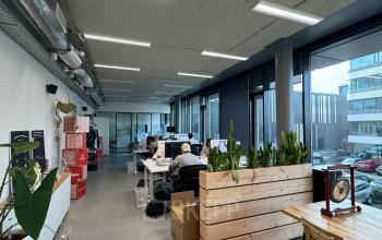 Spacious office space in Amsterdam Houthavens, featuring modern design with wooden planters and large windows for ample natural light. Ideal office to rent for vibrant workspaces.