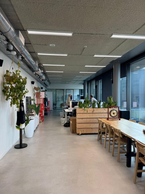 Office space for rent at Moermanskkade 303, Amsterdam Houthavens, featuring open workspaces with plants and natural light. Two people are working at desks.