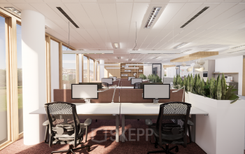 Bright Amsterdam IJburg office space with workstations and natural light. Ideal for office space rental. Features modern desks, chairs, and plants, offering a professional atmosphere.